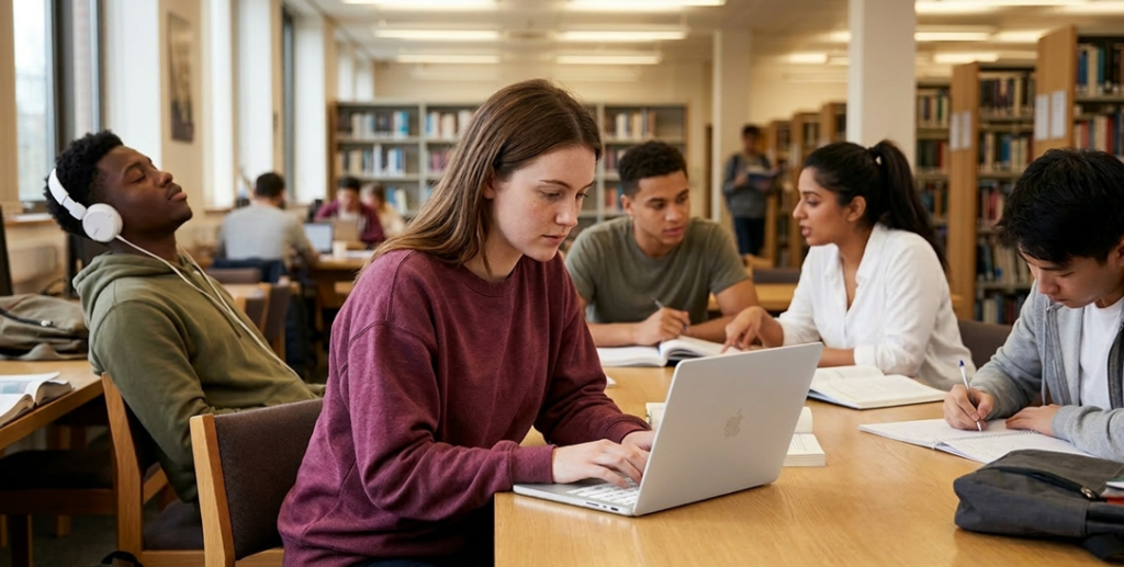 Apple MacBook Neo Review — The Mac That Changes Everything Group of UK university students studying in library with Apple MacBook Neo — MacBook Neo review 2026