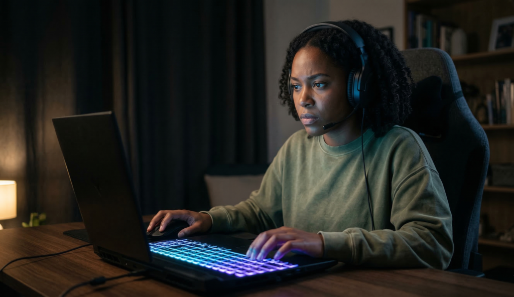 Woman intensely gaming on laptop at night — best budget gaming laptops UK guide 2026