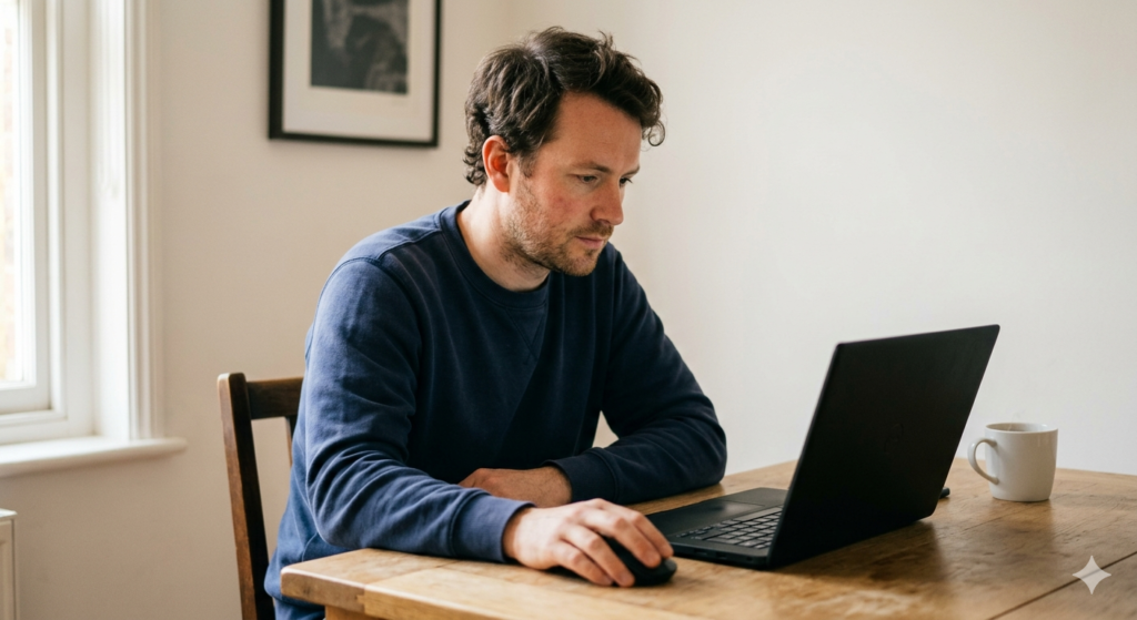 Man comparing budget laptops on desk — best budget laptops UK guide 2026