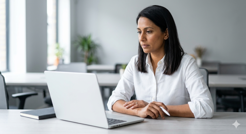 Woman evaluating mid-range laptop at desk — best mid-range laptops UK guide 2026