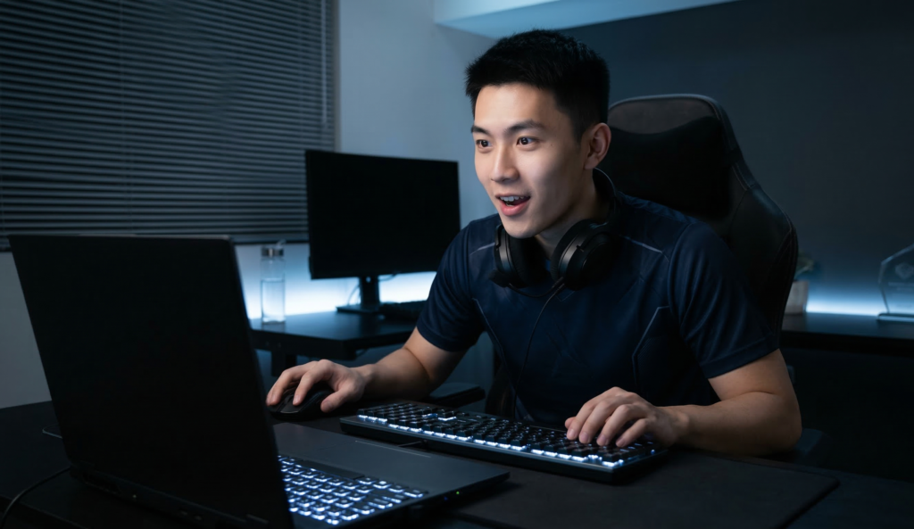 Pro gamer winning match on premium gaming laptop at home setup — best premium gaming laptops UK 2026