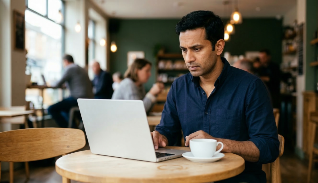 Man working on professional laptop in café — best professional laptops UK guide 2026