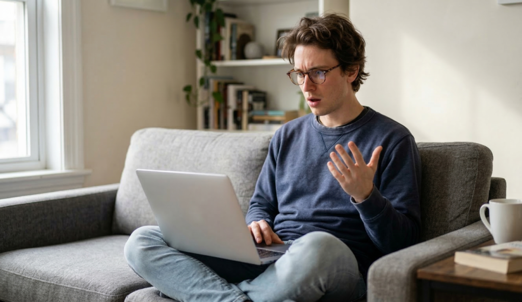 Man reacting with surprise to laptop prices on screen — RAMageddon UK laptop price rises 2026