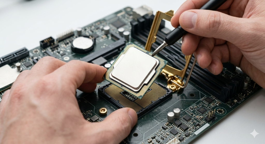 Close-up of a laptop CPU processor chip being installed — laptop CPU guide uk 2026