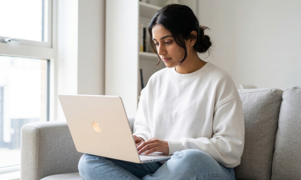 Apple MacBook Neo Review — The Mac That Changes Everything Young woman using Apple MacBook Neo Silver on sofa — Apple MacBook Neo review UK 2026