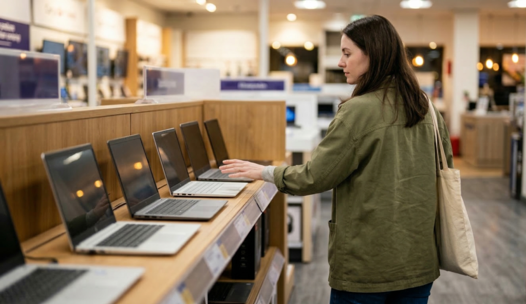 Woman choosing laptop in UK electronics shop — Is 8GB RAM enough in 2026