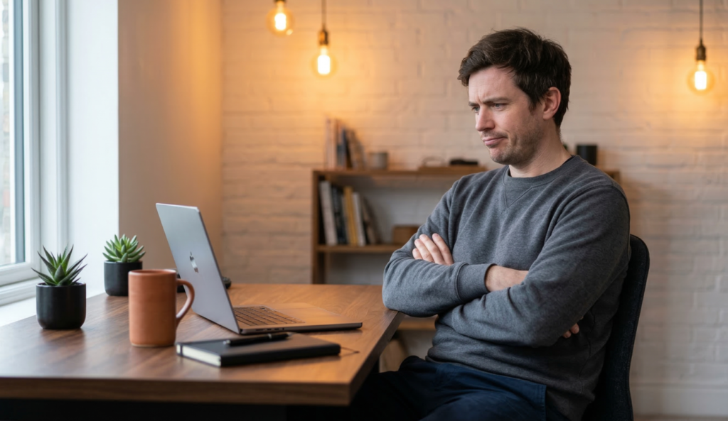 Frustrated man at desk with slow laptop — is 8GB RAM enough in 2026 UK