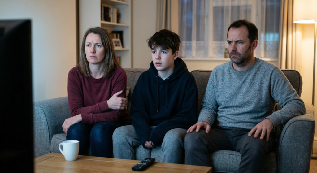 British family watching news on TV with concerned expressions — Iran war laptop prices rising in 2026 UK