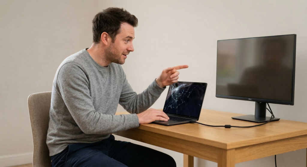 Close-up of cracked laptop screen damage — laptop screen replacement cost UK 2026