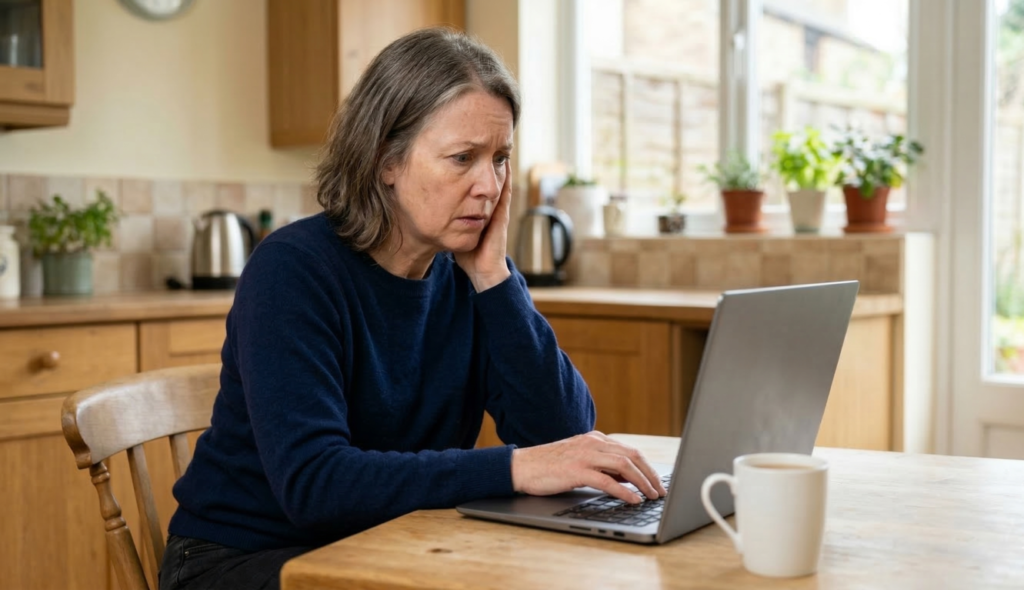 British woman looking worried at broken laptop screen — laptop screen replacement cost UK guide 2026