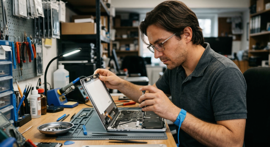 Laptop repair technician replacing screen in UK repair shop — laptop screen repair cost UK 2026