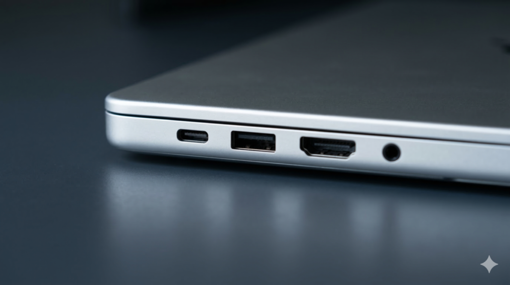 Close-up of laptop ports including Thunderbolt USB-A and HDMI on aluminium chassis — laptop ports and connectivity explained UK 2026
