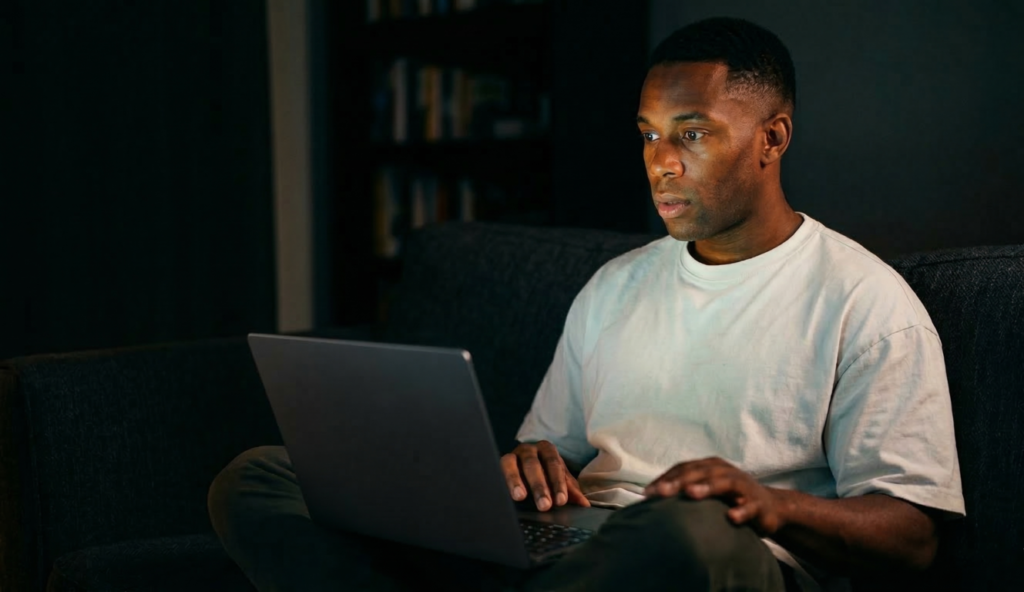 Man captivated by vivid laptop display in dim room — laptop display quality explained in laptop specs guide UK 2026