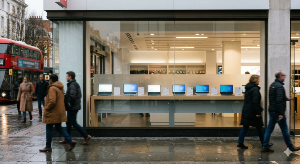 UK high street electronics store window displaying laptops — laptop specs explained guide UK 2026