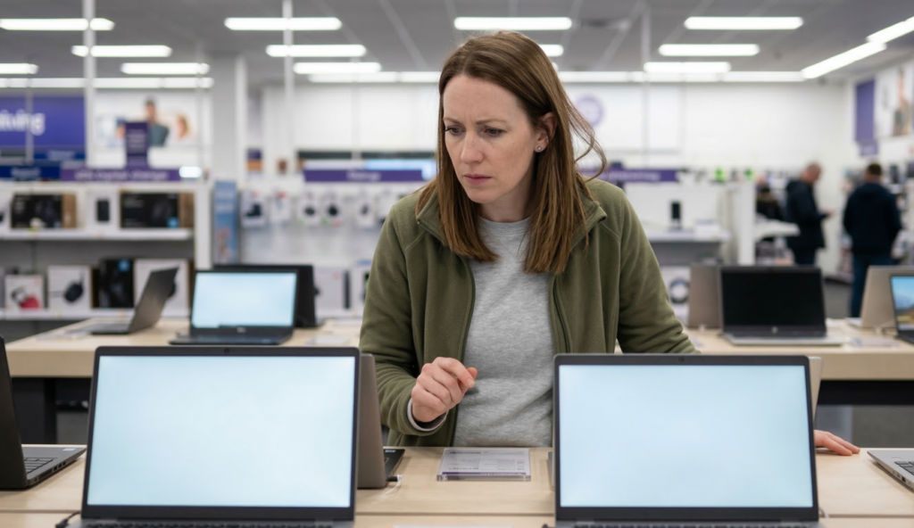 Confused woman browsing laptops in electronics store — laptop specs explained guide UK 2026