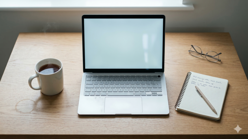 Overhead flat-lay of British home working desk with open laptop and tea — RAM and laptop specs explained UK 2026