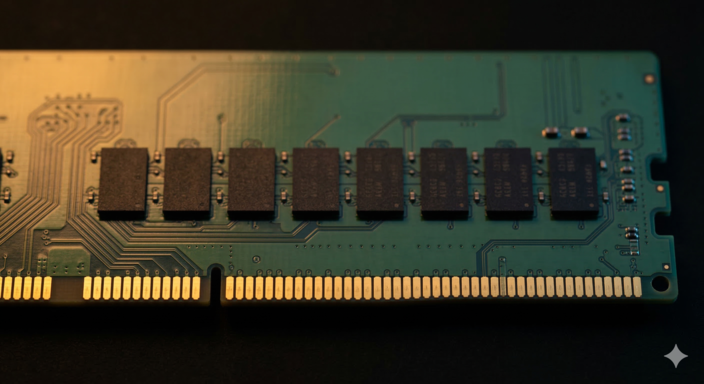 Close-up macro photograph of DDR4 RAM stick — RAMageddon laptop price rises UK 2026