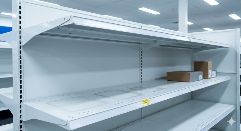 Empty retail shelves representing the 2026 global RAM shortage affecting laptop memory supply