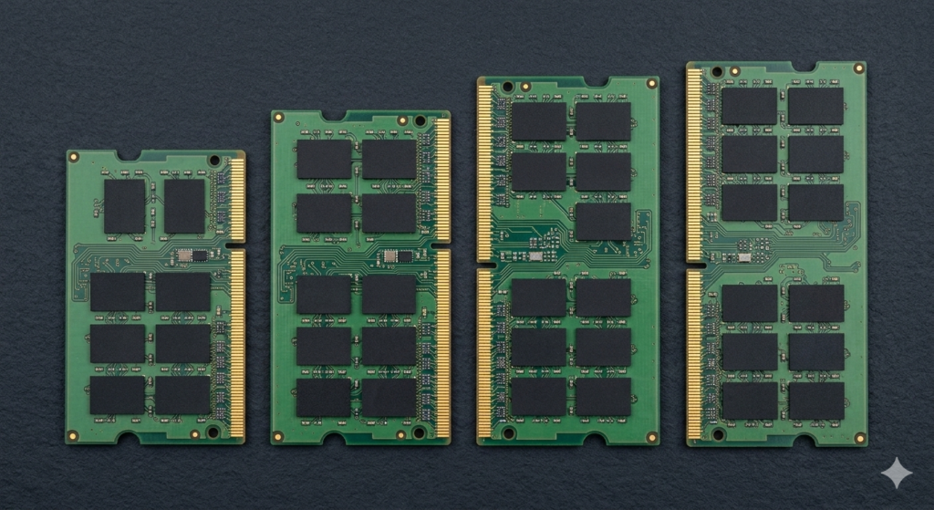 Four laptop RAM modules of increasing size representing different memory capacities — how much RAM do I need for a laptop