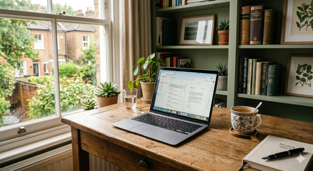 Laptop open on a desk in a British home office — UK laptop buying guide 2026