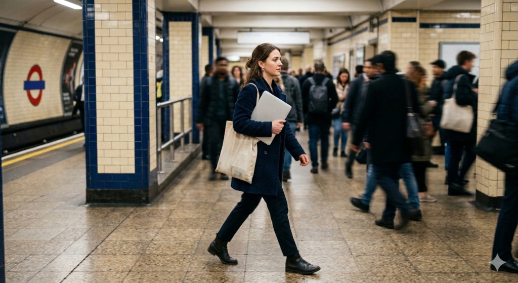Woman carrying a slim laptop at London Underground station — portability tips in UK laptop buying guide