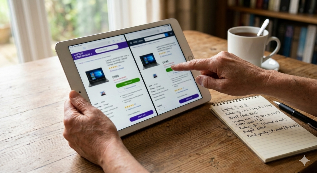 Person researching laptop specs on tablet with handwritten notes — how to read a laptop spec sheet UK