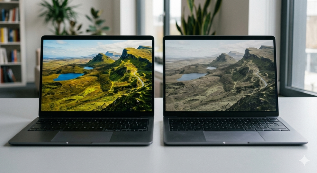 Side by side laptop display comparison showing vivid accurate colours versus washed-out panel quality — UK laptop buying guide