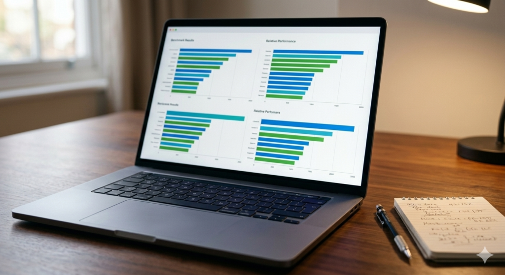 Laptop screen displaying CPU benchmark performance charts — how to compare laptop processors UK