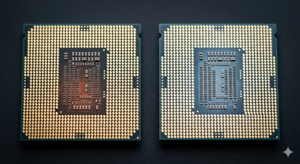 Two laptop processor chips side by side representing Intel vs AMD laptop CPU comparison 2026