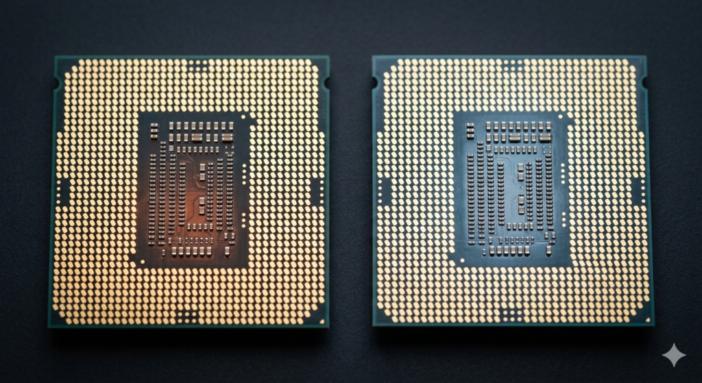 Two laptop processor chips side by side representing Intel vs AMD laptop CPU comparison 2026