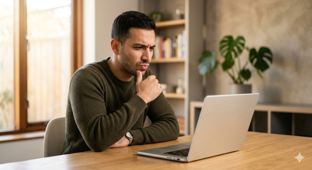 Man looking sceptically at laptop screen with HDR label — understanding real vs fake HDR on laptops UK