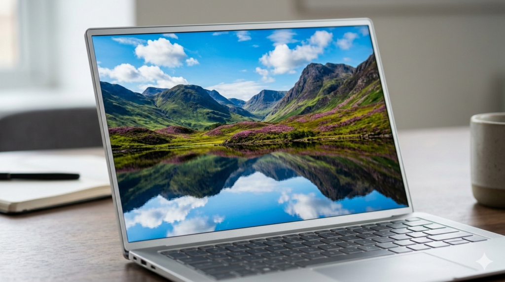 Laptop screen displaying vivid landscape photograph illustrating high quality display — laptop display types guide 2026