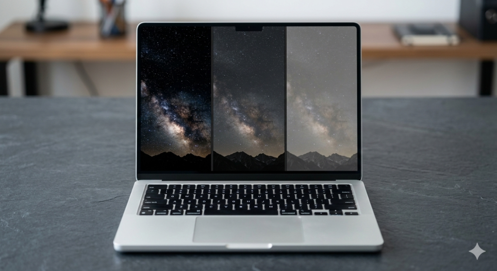 Split screen laptop display showing contrast differences between OLED IPS and Mini-LED laptop screen types comparison