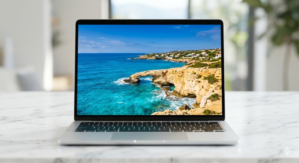 Slim laptop displaying vivid accurate coastline photograph representing best laptop display quality 2026