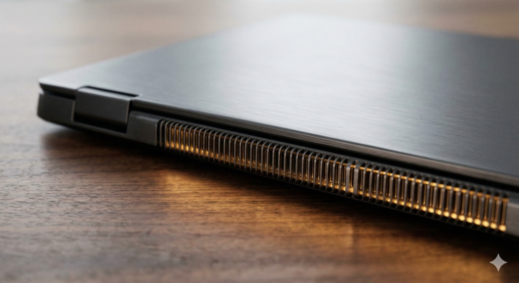 Close-up of laptop ventilation grille with heat glow illustrating CPU thermal throttling effect on benchmark scores