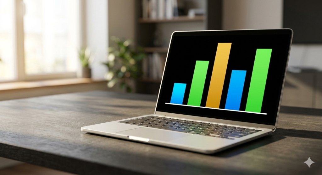 Laptop screen displaying performance benchmark charts — laptop performance benchmarks explained 2026