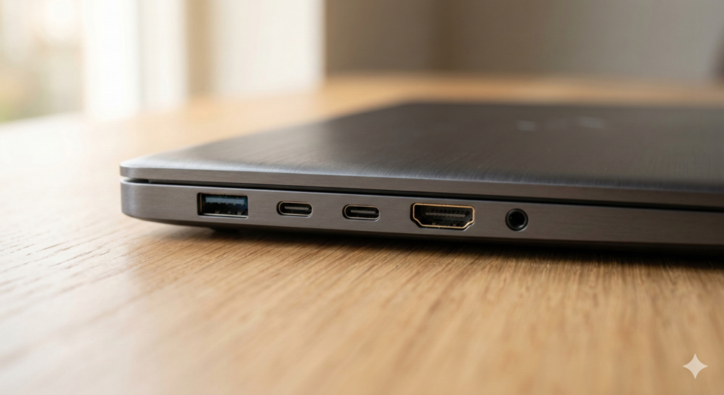 Close-up of laptop port selection showing USB-A USB-C and HDMI ports — laptop ports guide 2026