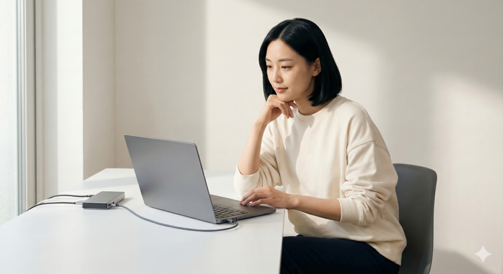Young woman at desk with laptop connected to Thunderbolt dock via single cable — Thunderbolt 5 laptop connectivity explained