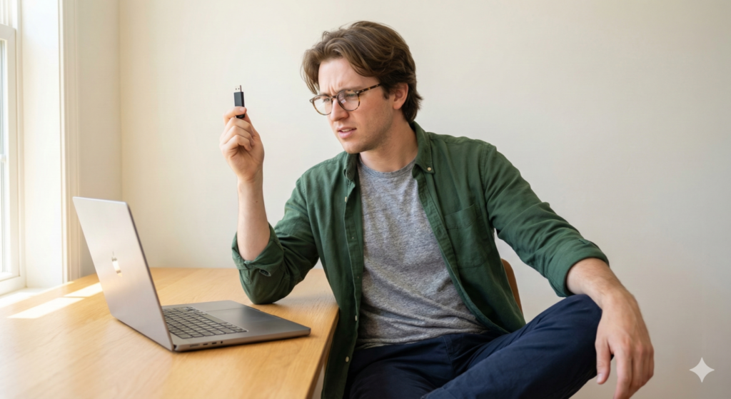 Man holding USB-A thumb drive looking at laptop with no USB-A port illustrating the laptop dongle problem UK buyers face